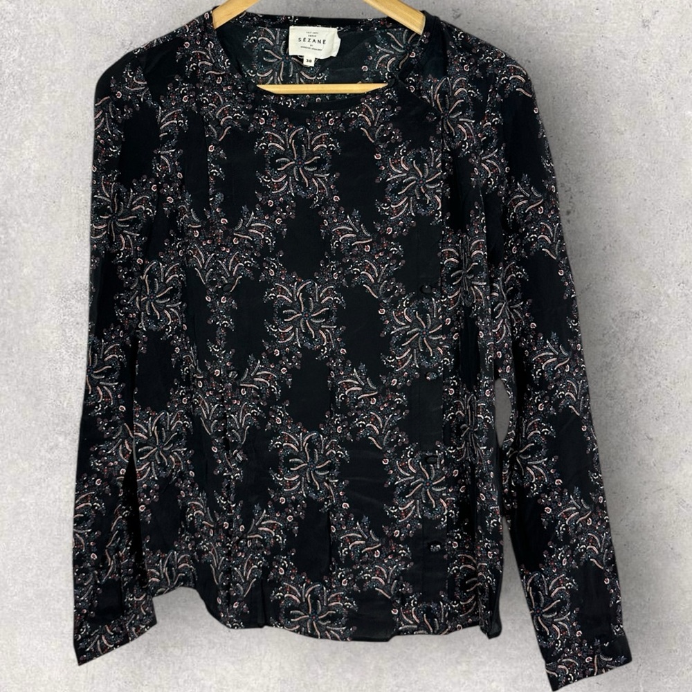 Sezane 100% Silk Printed Long Sleeve Blouse Womens Size 38 French US 6 Top Boho